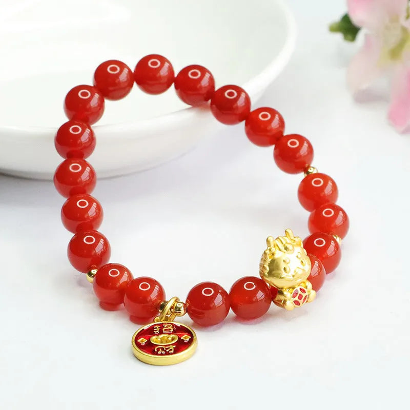 Red agate zodiac dragon bracelet with 8mm beads in Chinese style design
