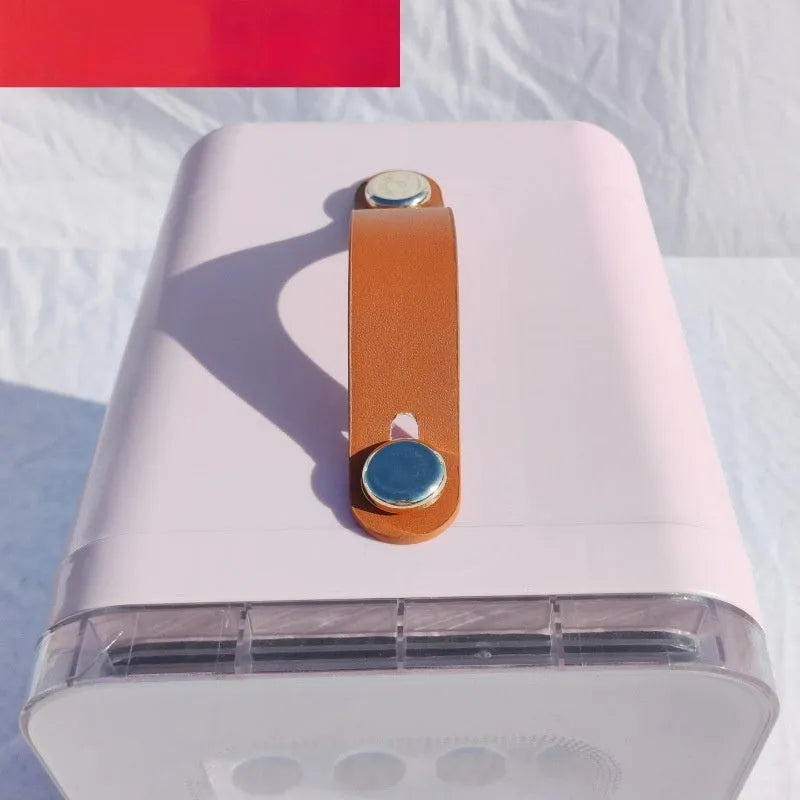 Pink mini refrigerator with transparent door showing 6L capacity and dual cooling/heating functions