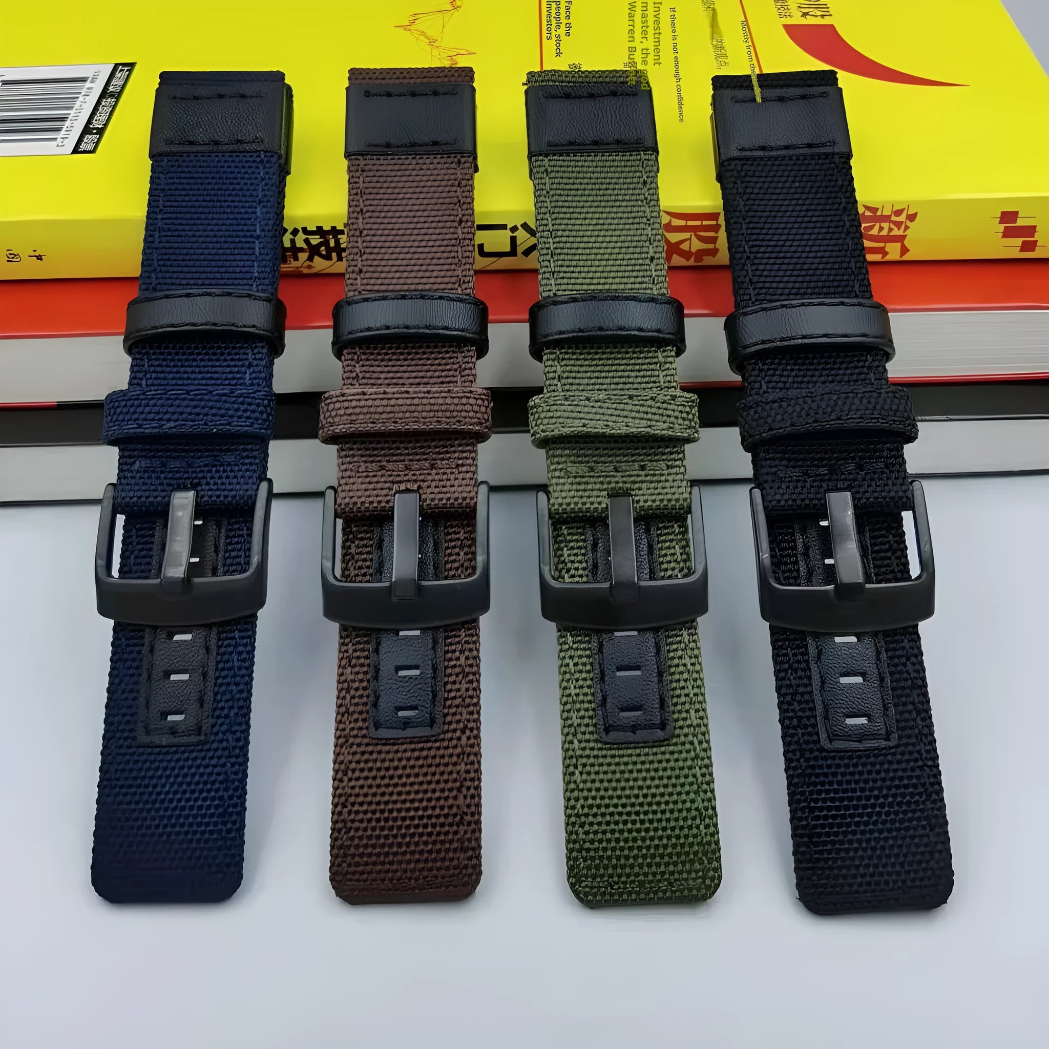Oxford cloth canvas watch strap in camouflage colour showing short and extended length options for 24mm lug width