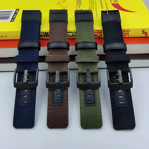 Oxford cloth canvas watch strap in camouflage colour showing short and extended length options for 24mm lug width