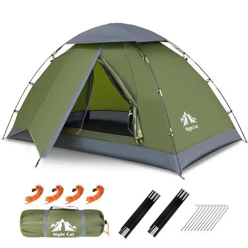 Dark green automatic pop-up camping tent for two people showing waterproof rainfly and compact folded size