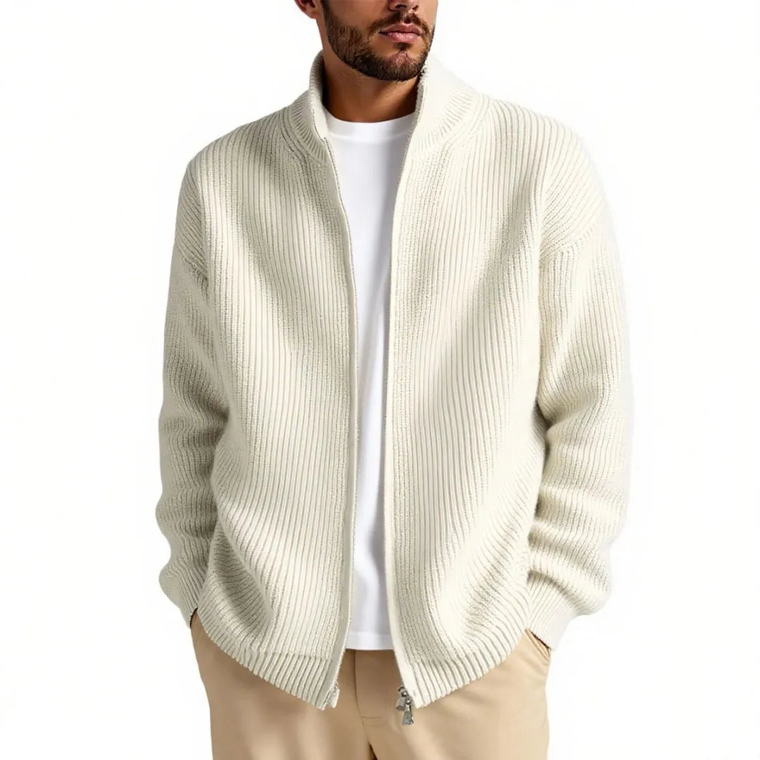 Men's loose grey cardigan sweater coat on a hanger