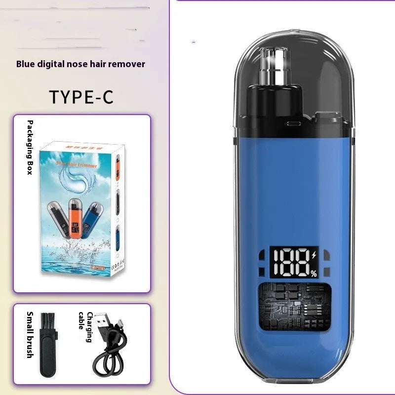 Rechargeable nose hair trimmer with removable stainless steel cutter head and digital display