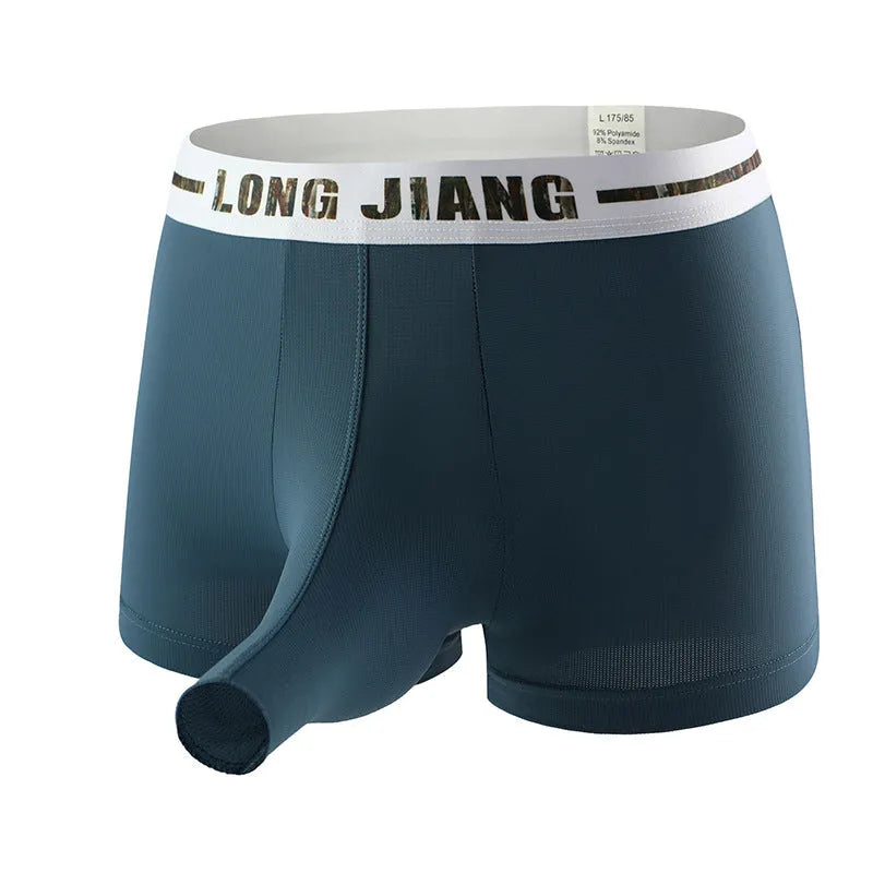 Men's ice silk boxer shorts in a solid colour showing the trunk open design and mid waist fit.