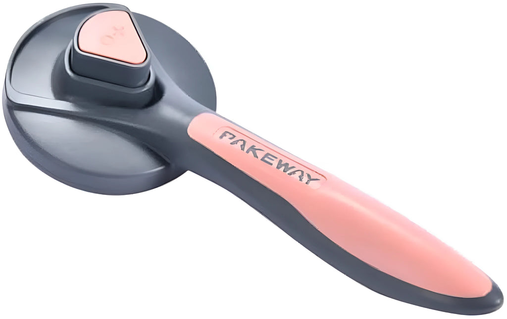 Grey self-cleaning slicker brush for pet grooming on a white background.
