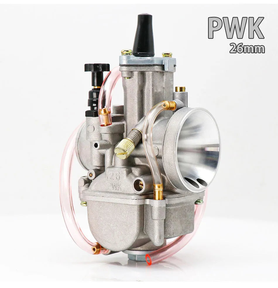 Seven PWK sandblasted motorcycle carburetors ranging from 21mm to 34mm sizes in colour box packaging