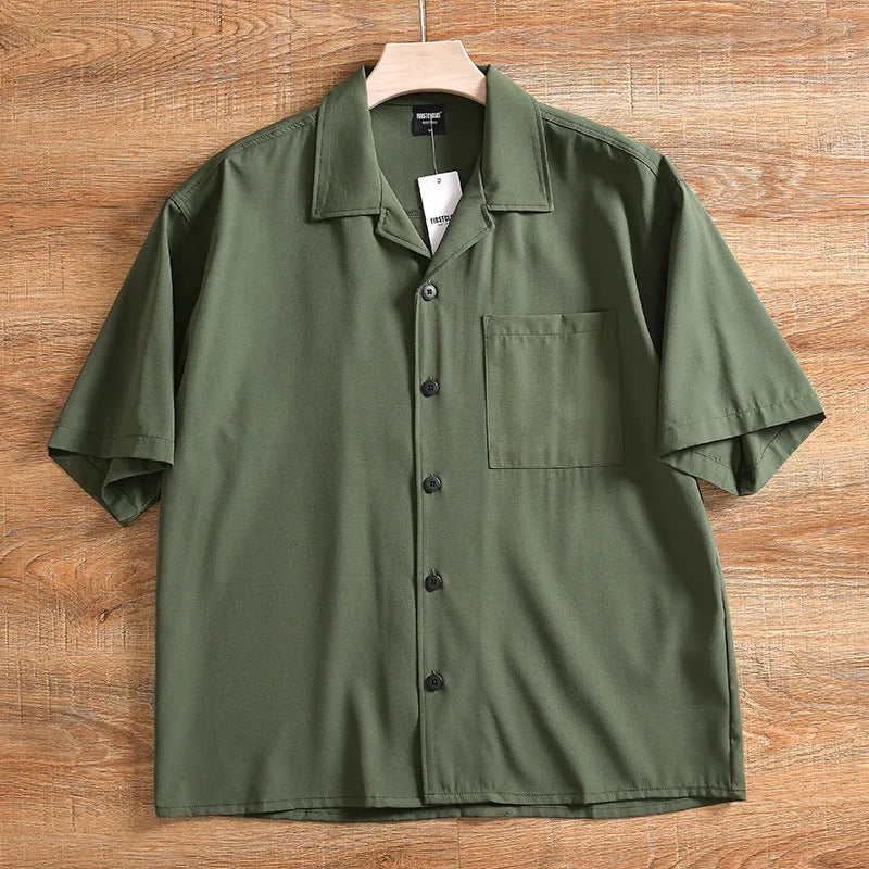 Men's lightweight loose short sleeve shirt in army green colour with cardigan styling