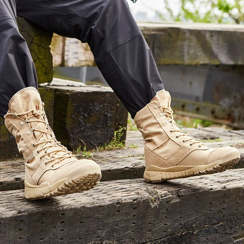 Yulong unisex tactical desert combat boots in black and sand colours, shown as outdoor climbing shoes.