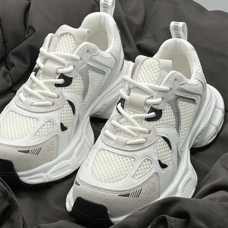 Beige mesh platform sports shoes with wedge heel and lace-up front