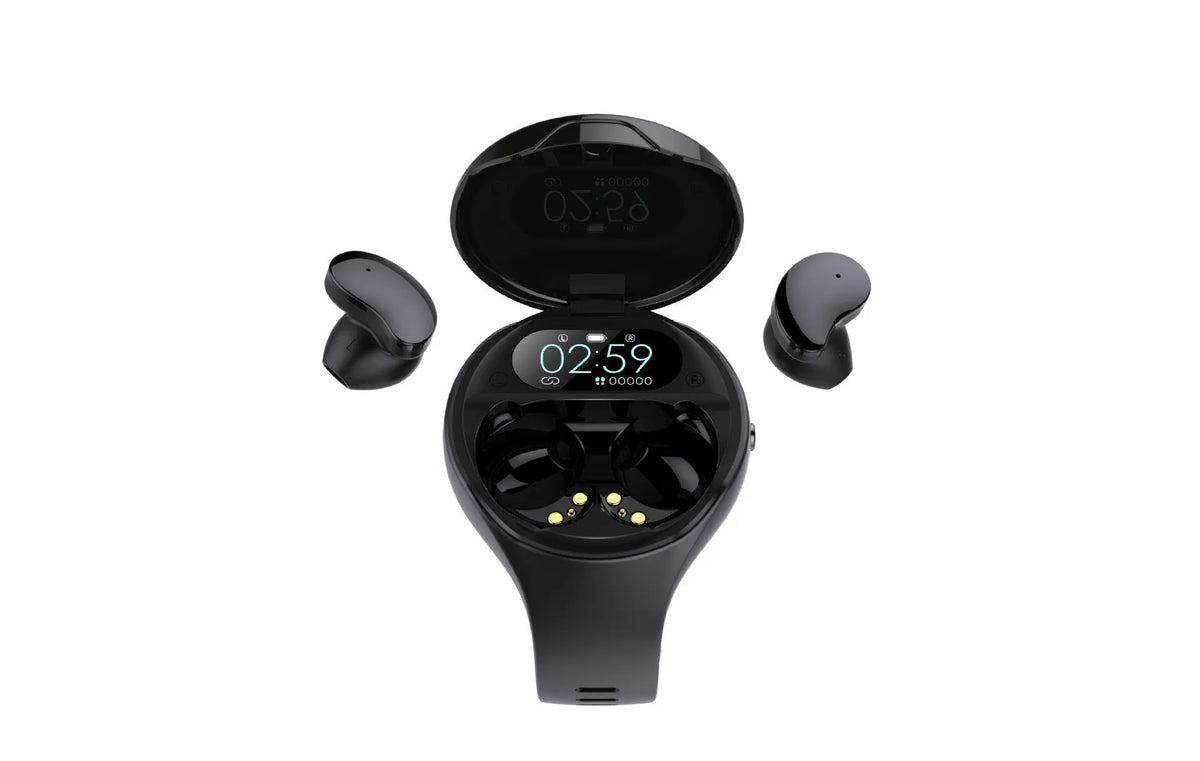 Black detachable smart bracelet and Bluetooth headset combo with colour screen.