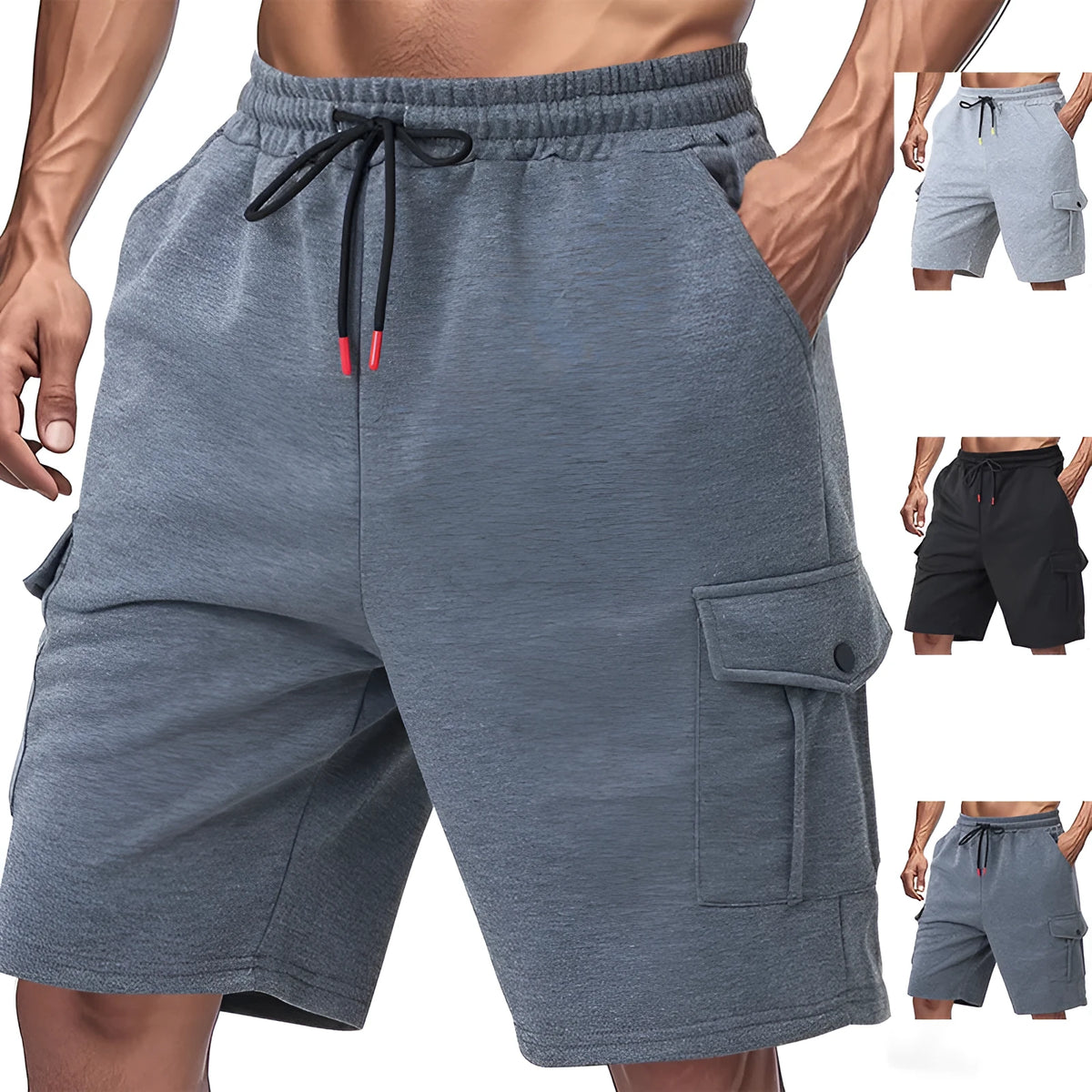 Men's loose fit cargo shorts with multiple pockets in light grey terry fabric