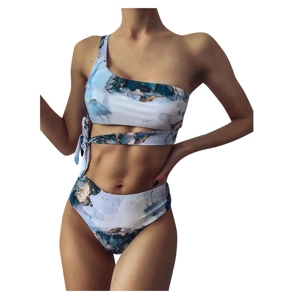 Women's high-waist bikini set with marble tie-dye print and U-neck top.