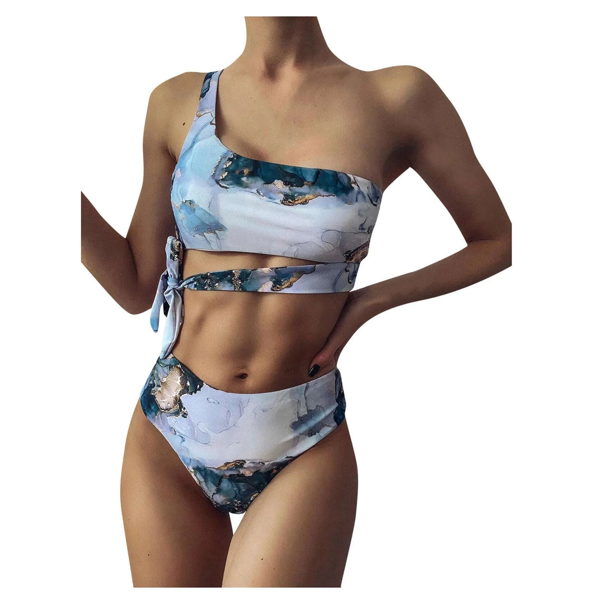 Women's high-waist bikini set with marble tie-dye print and U-neck top.
