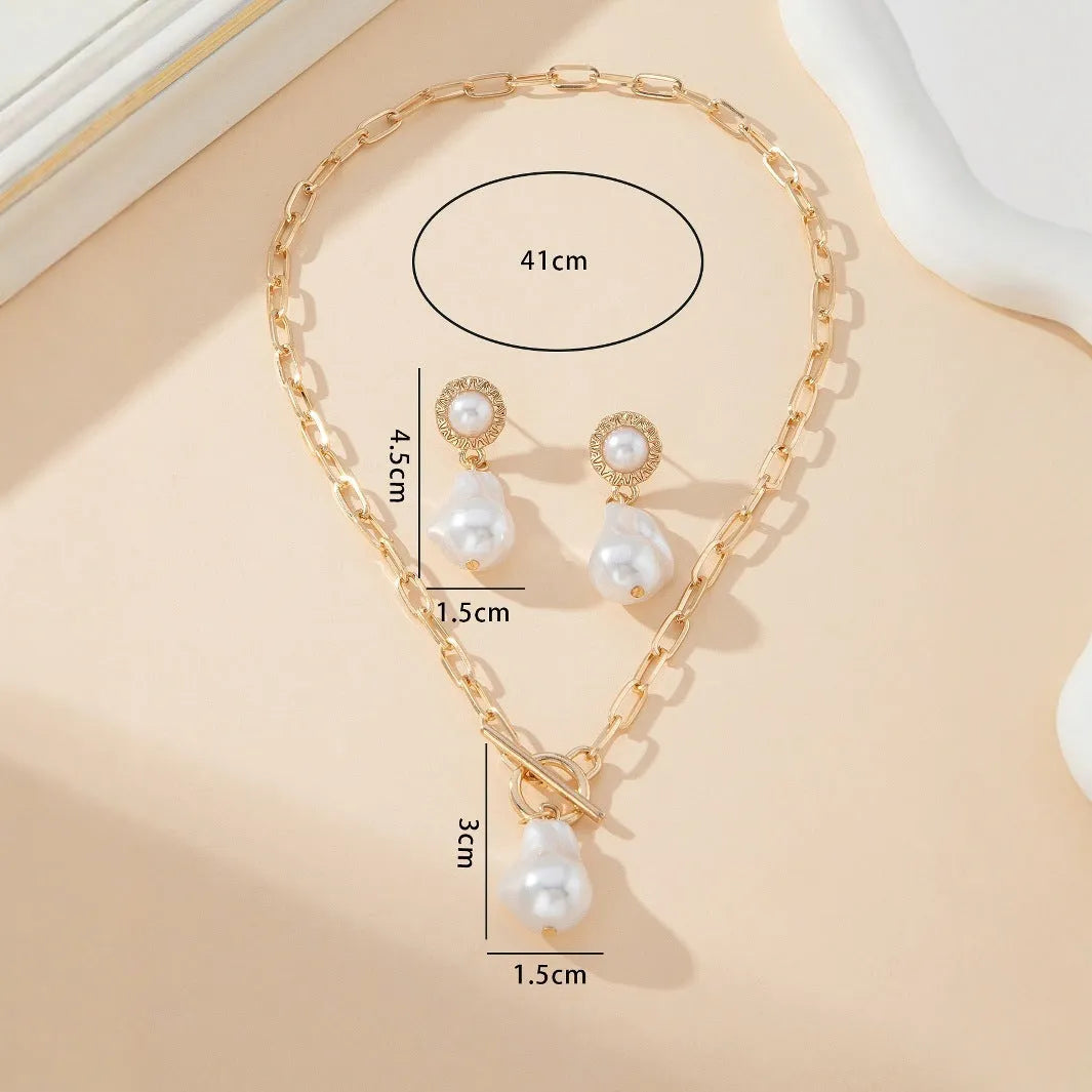Retro baroque pearl necklace and ear stud set in gold-tone iron jewellery for women