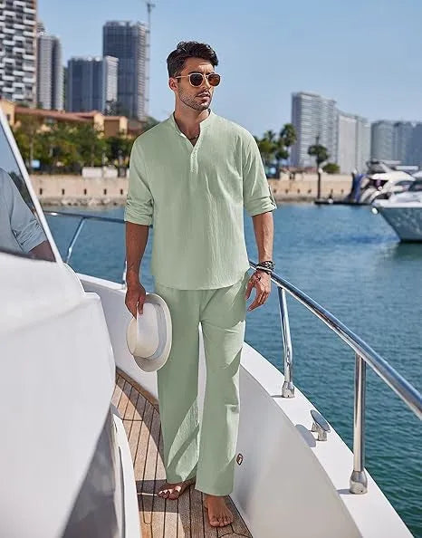 Men's cotton casual trousers suit two-piece set in solid colour with long sleeves