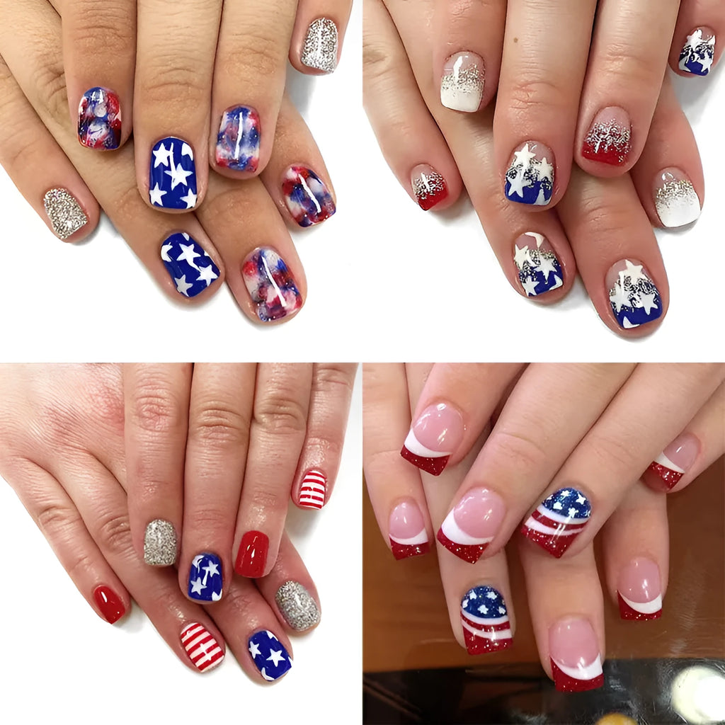 Independence Day combination nail art stickers with American five-pointed star patterns in short European square style