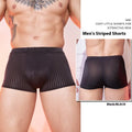 Men's striped underwear in thin transparent nylon fabric, shown in dark grey colour.