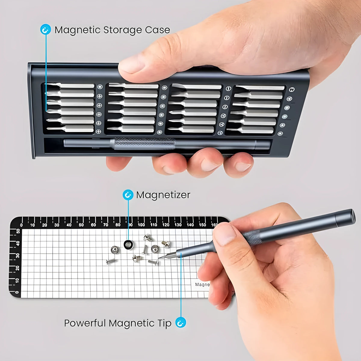 Compact 25-in-one magnetic screwdriver set with knurled handle and bits stored inside.