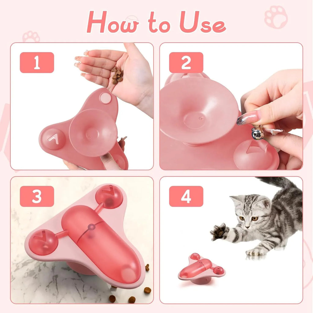 Interactive pet puzzle feeder toy with blue, green, and pink colour options, showing bell, catnip, and snack cabin.