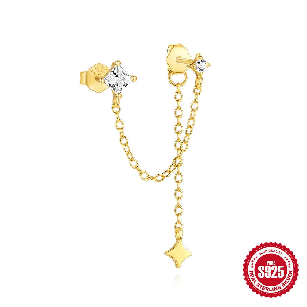 S925 sterling silver geometric stud earrings with zircon inlay in a golden colour, shown in clover, crown, and chain horse eye designs.