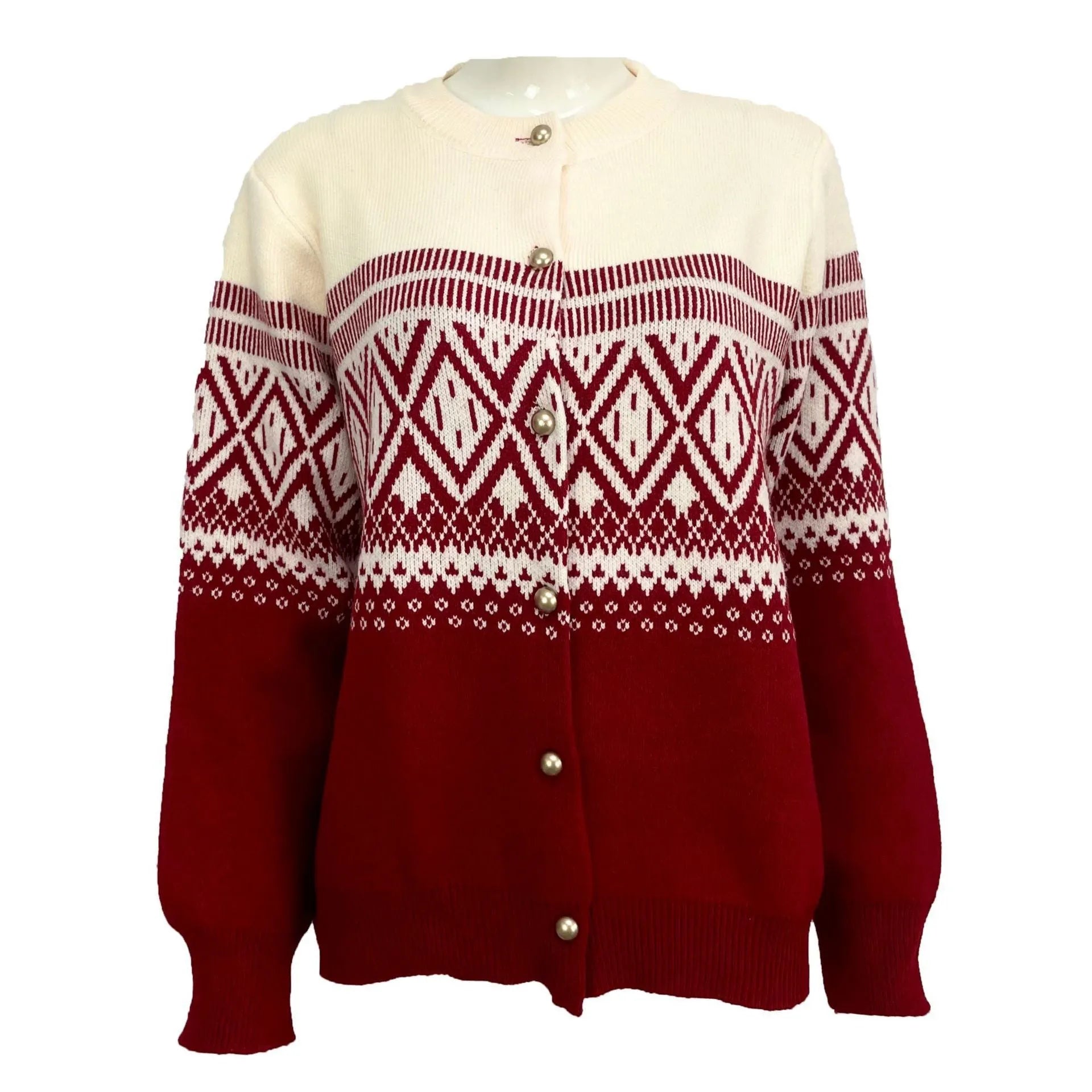 Women's red alpaca wool cardigan with diamond pattern and long sleeves