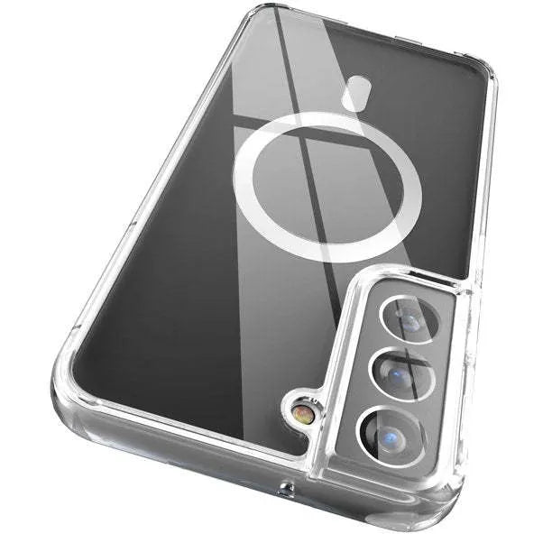 Transparent MagSafe magnetic phone case for Samsung Galaxy S21 S22 S23 series on black background
