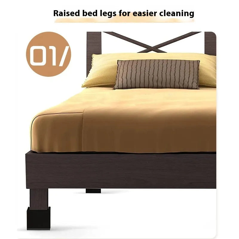 Four black plastic furniture foot mats for bed or sofa height adjustment.