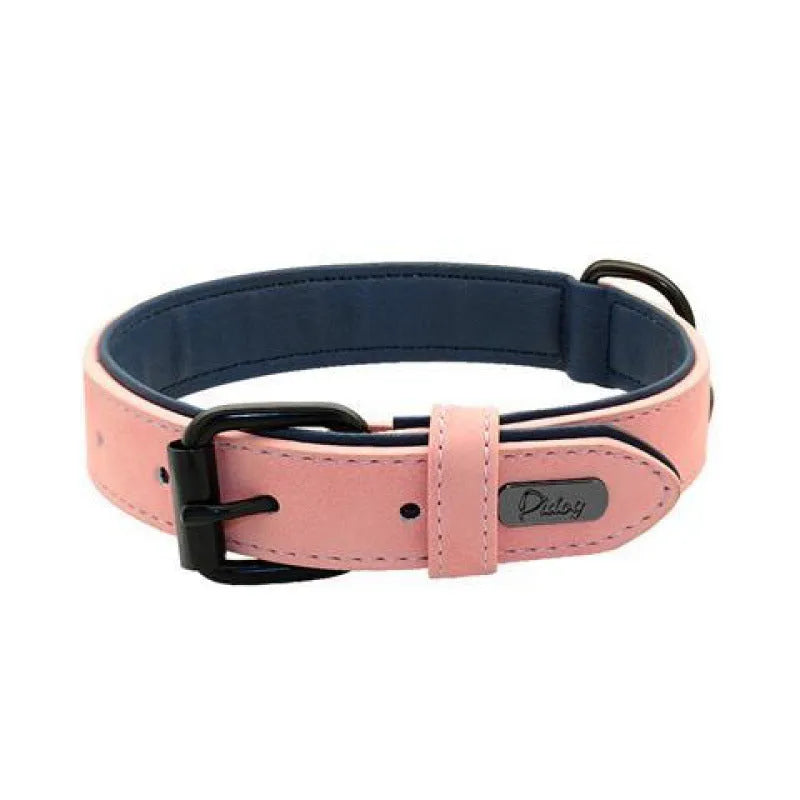 Adjustable dog collar in purple showing PU front and microfiber back, with double-layer thickened construction.