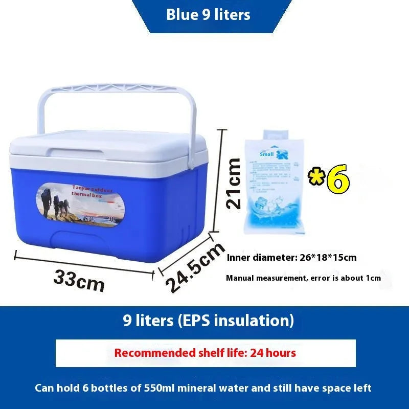 Blue portable insulated cooler box with aluminium foil lining, showing various capacity size options.