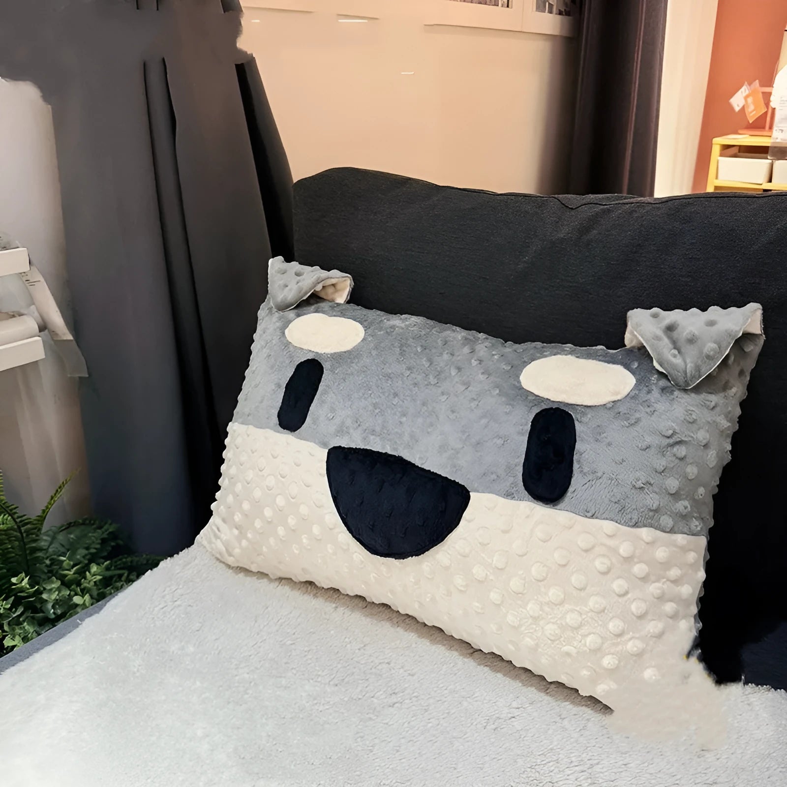 Grey Schnauzer print rectangular pet cushion measuring 50 cm long, soft filled with PP cotton.