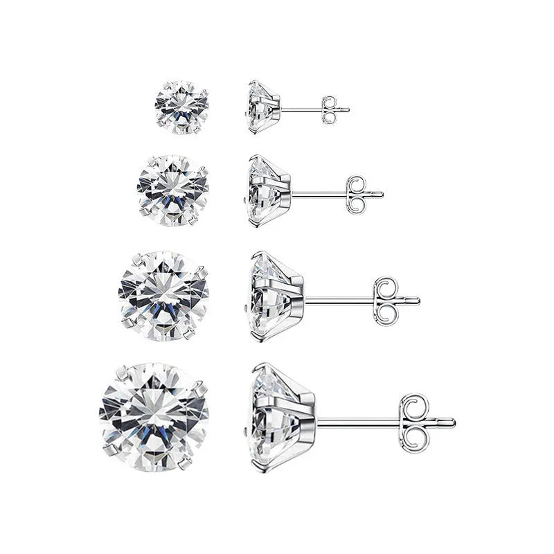 Titanium steel geometric square zircon stud earrings in gold and steel colours with size options from 2mm to 8mm.