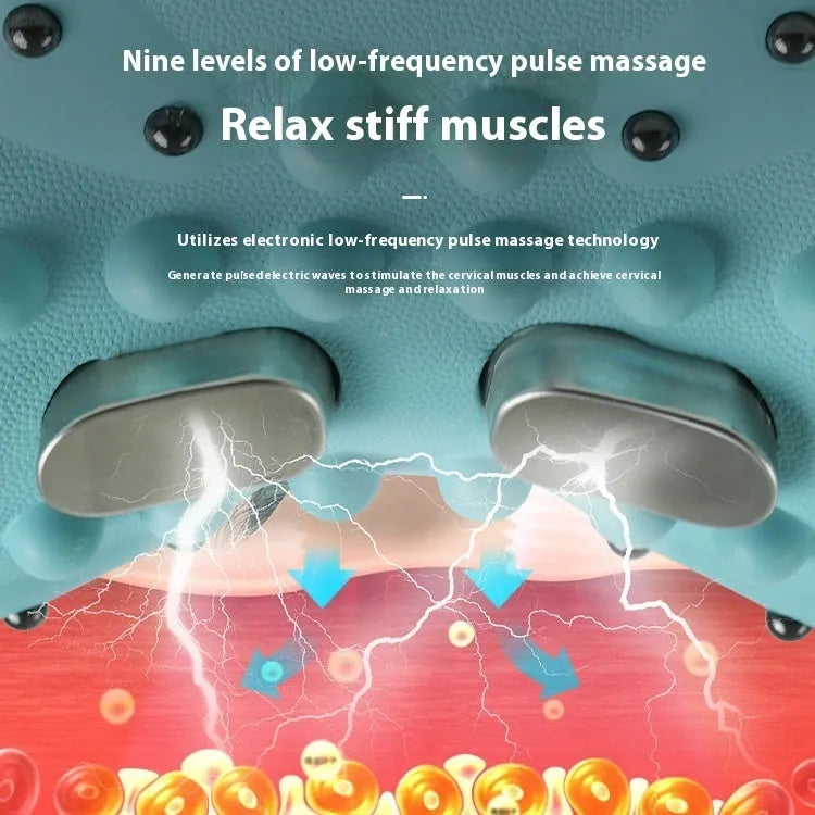 Blue-green portable EMS and hot compress massage pillow for shoulders and neck