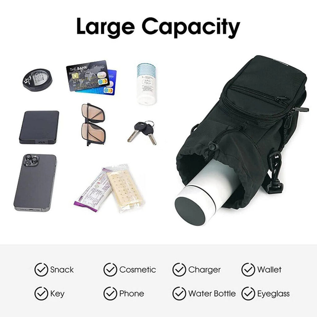 Cloth crossbody water bottle shoulder pouch in black, green, or pink.