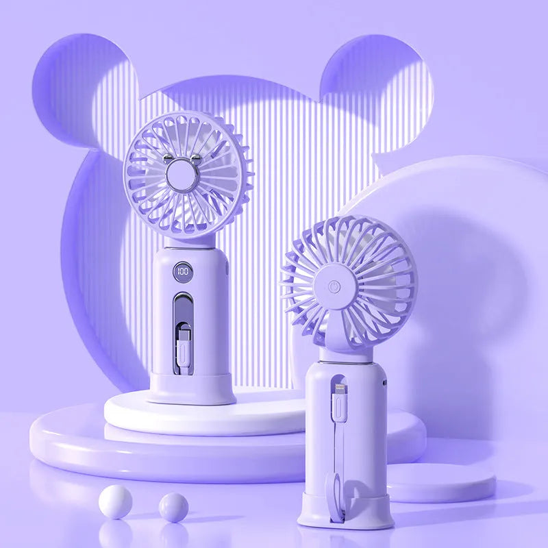 2-in-1 handheld fan with power bank, 3 speed, USB, 204*89*45mm, 88mm blade, purple white black pink green