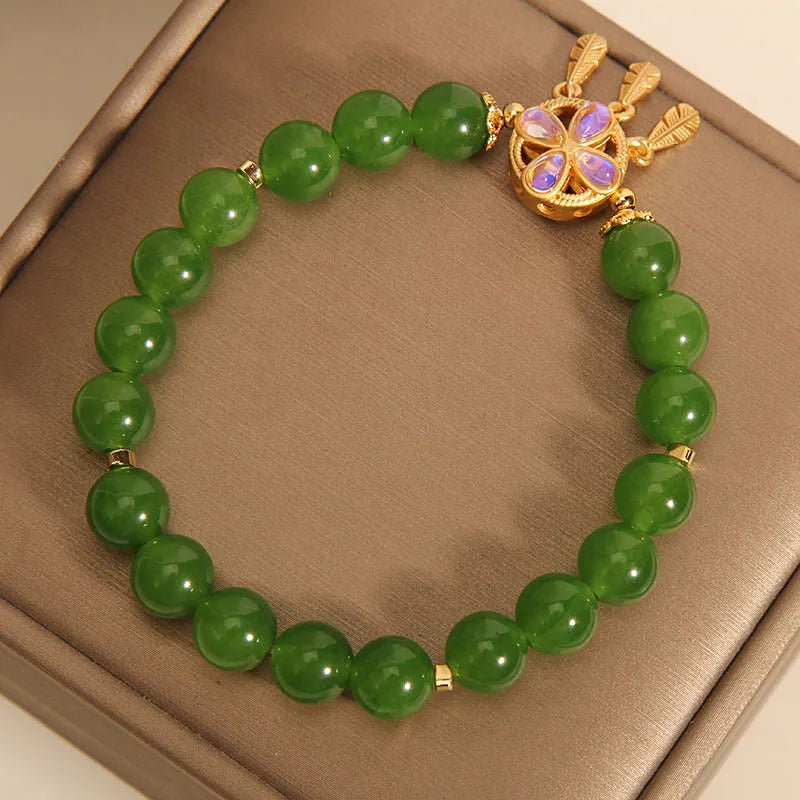 Green jasper crystal bracelet with four-leaf clover dream catcher pendant for women