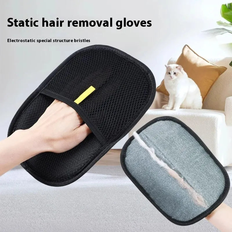 Black pet deshedding glove with silicone bristles for grooming dogs, cats, and rabbits.
