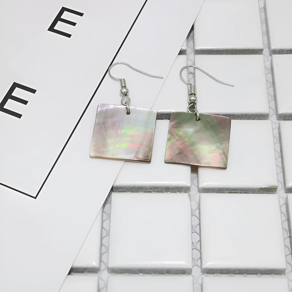 Women's geometric shell earrings with retro styling in square panther or rectangular shell colours