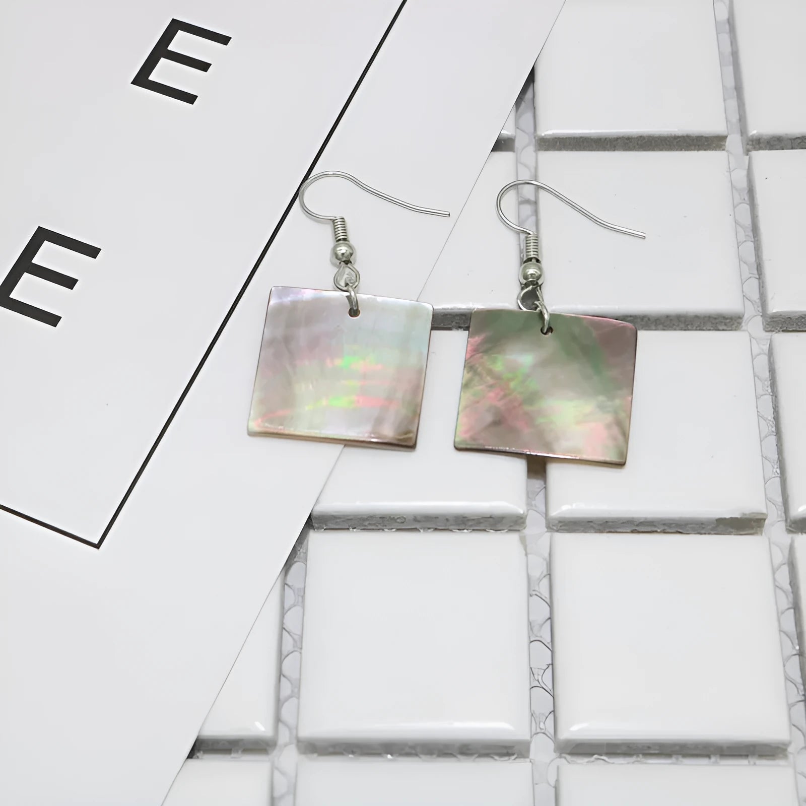 Women's geometric shell earrings with retro styling in square panther or rectangular shell colours
