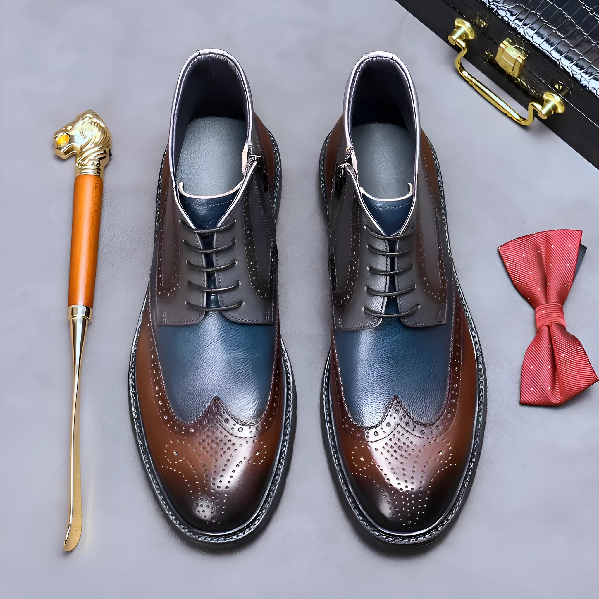 Men's curry blue leather brogue boots with carved stitching and front lacing