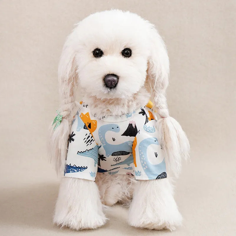 Full printed polyester dog t-shirt for small breeds with sizing chart showing measurements for S to XXL sizes