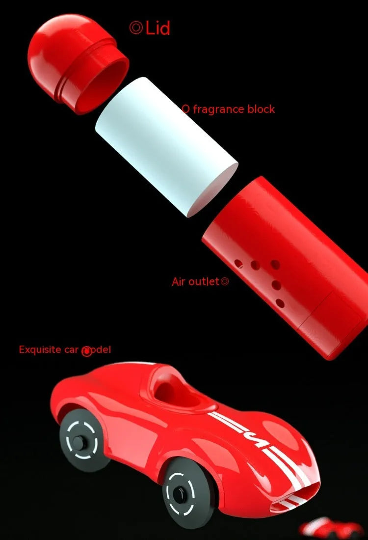 Black, red, and white round car model solar aromatherapy decoration for vehicle fragrance.
