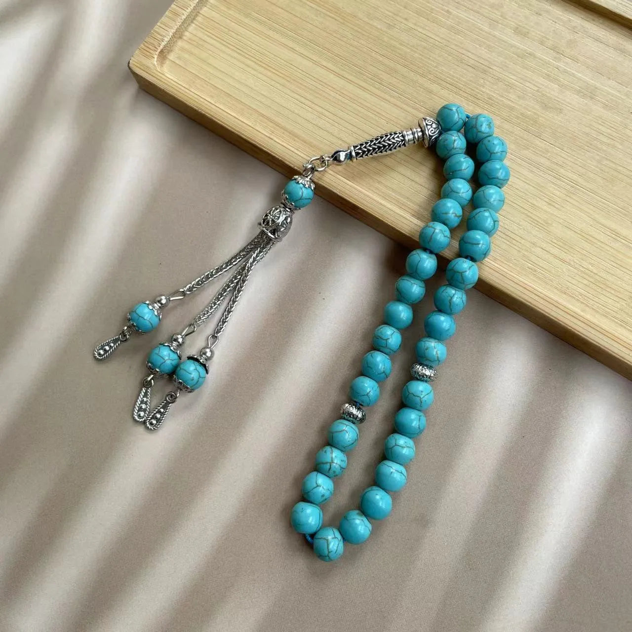 Handmade Muslim worship bracelet with sky blue 8mm stone beads for daily prayer counting