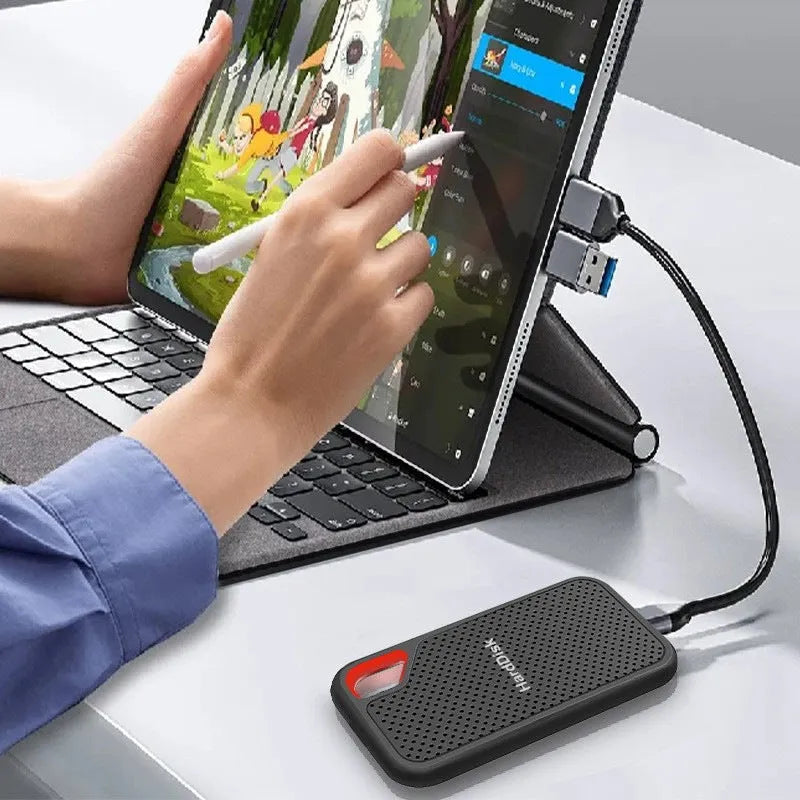 Black portable SSD with USB Type-C 3.1 interface, available in capacities from 500GB to 256TB