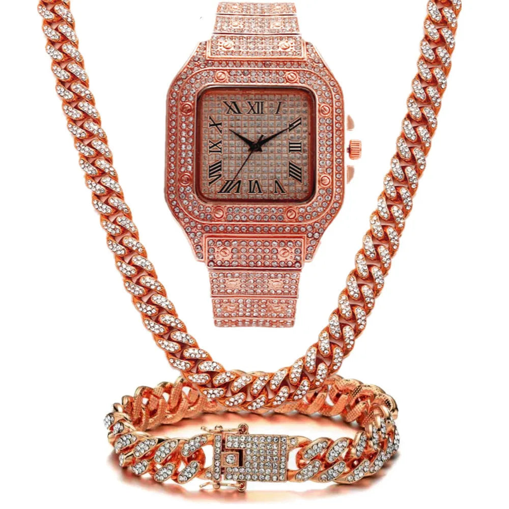 Gold Roman numeral square dial diamond watch with black mesh band, bracelet, and necklace set.