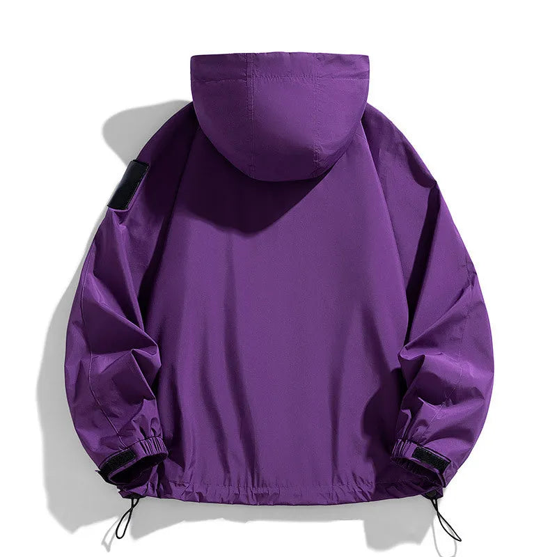 Men's black waterproof hooded jacket on a hanger, shown in a regular length with long sleeves.