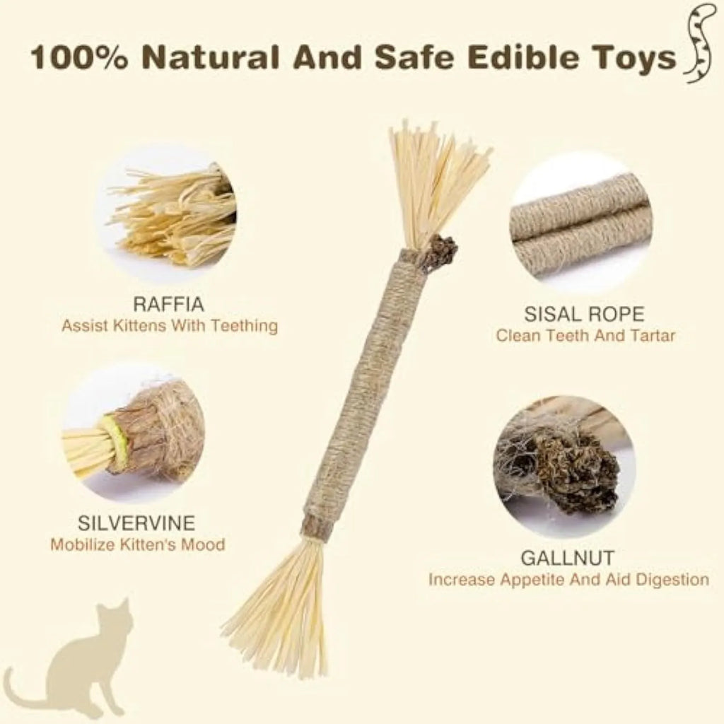 Pack of natural silvervine chew sticks for cats on a wooden surface, showing fine and thick diameter options.
