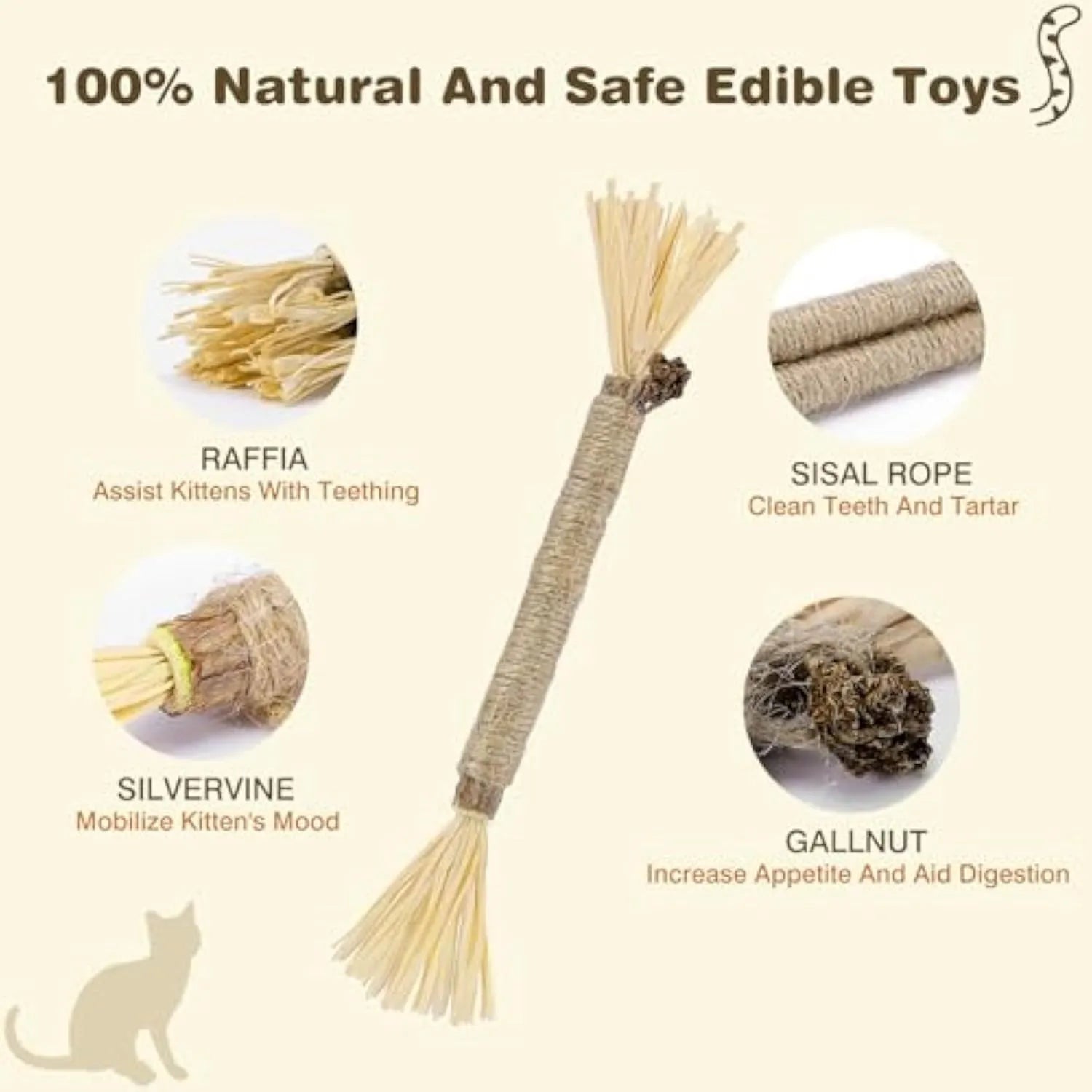 Pack of natural silvervine chew sticks for cats on a wooden surface, showing fine and thick diameter options.
