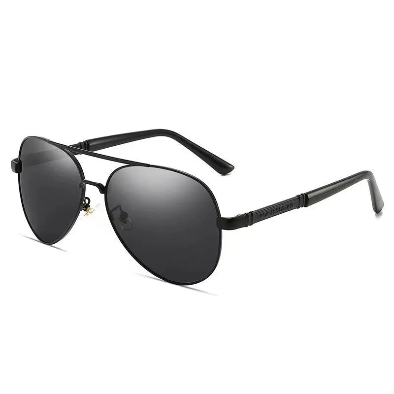 Men's metal frame polarised sunglasses in gold, black, or silver with grey or colour-changing lenses.