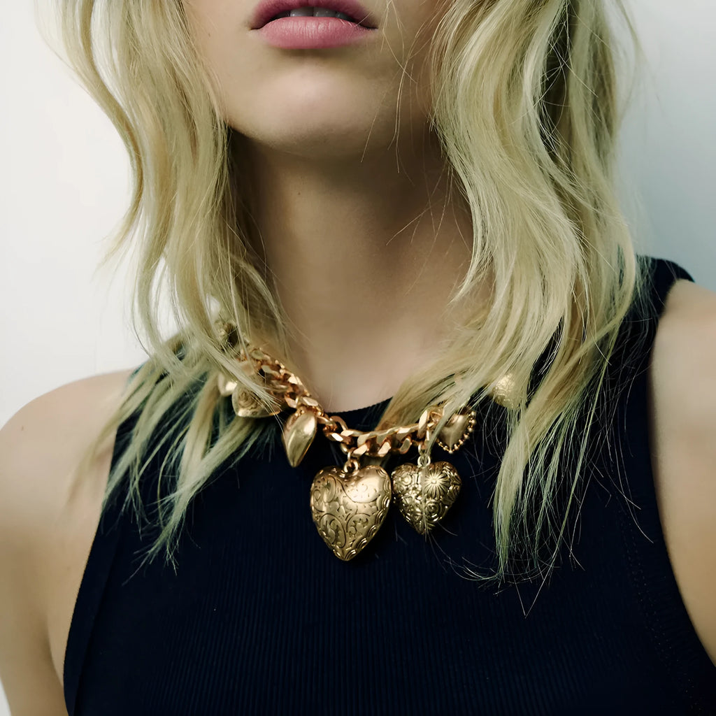 Gold and white K carved heart pendant necklace on alloy chain with adjustable length