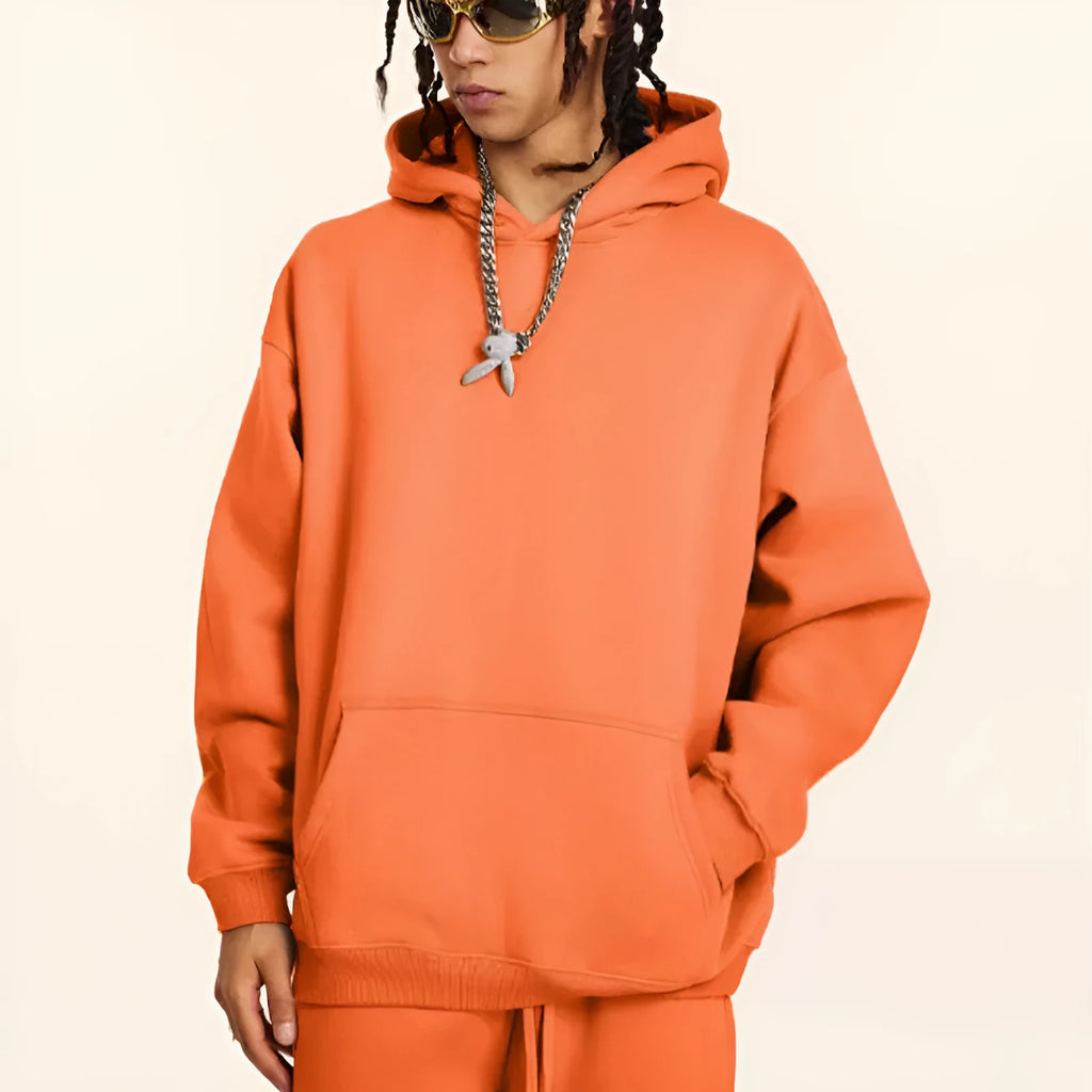Men's cotton terry hooded sweater in loose fit with drop-shoulder sleeves available in multiple colours